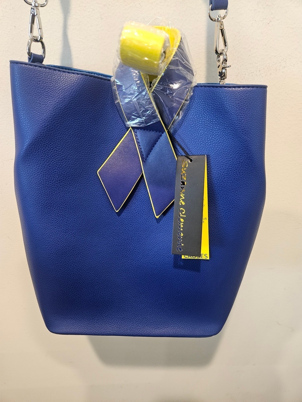 Suzanne Clemente NWT Blue & Yellow Causes Faux Leather Bucket Bag
